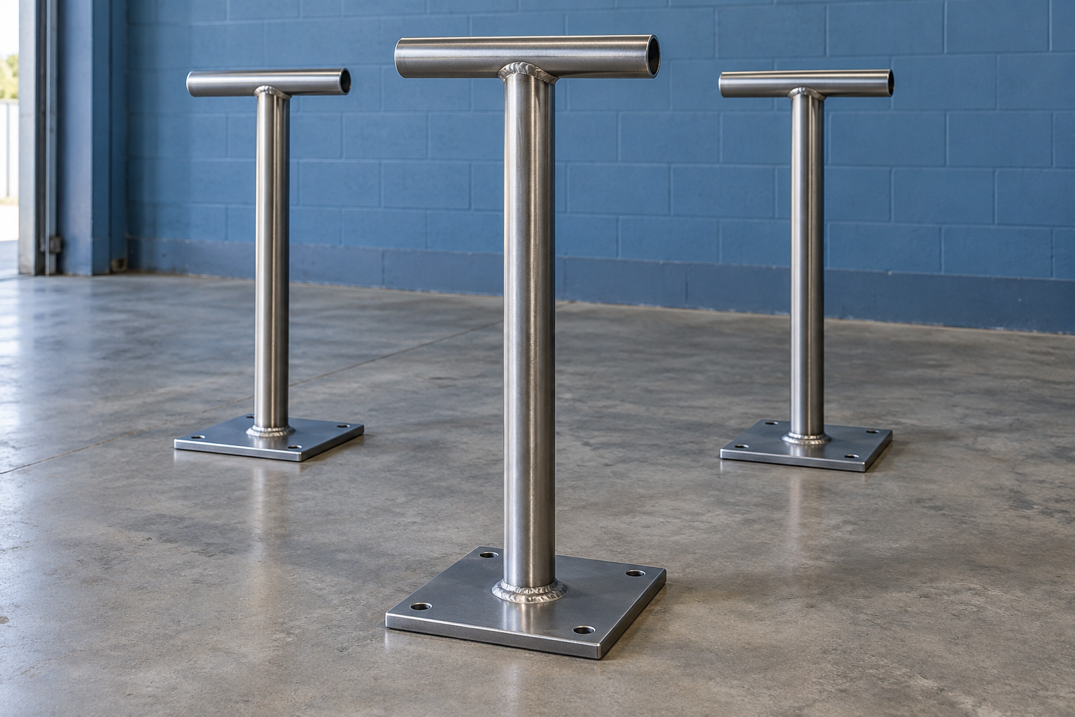Illustrative view of fabricated steel instrument stands with base plates and mounting crossbars
