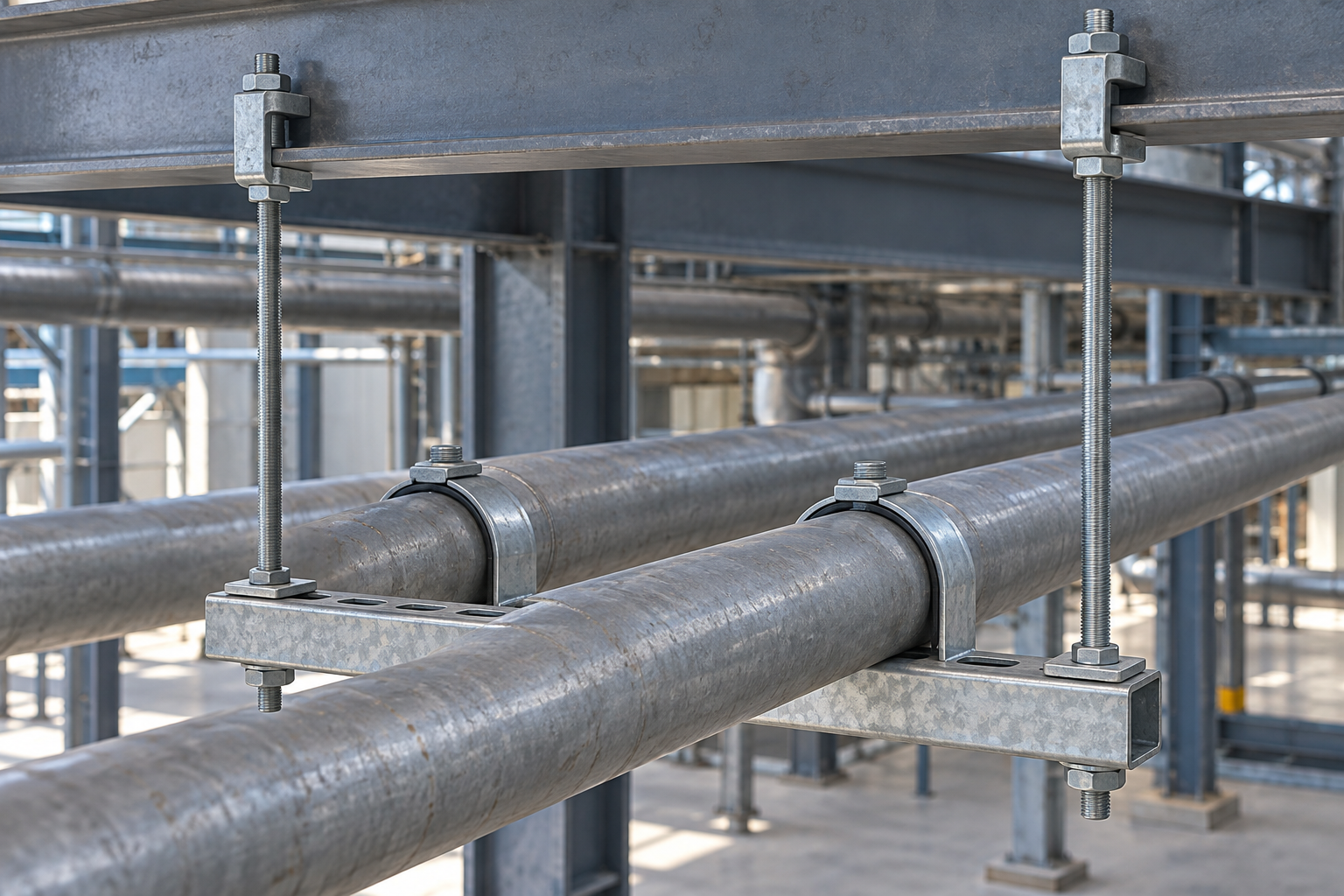 Illustration of a suspended steel pipe hanger assembly supporting industrial piping