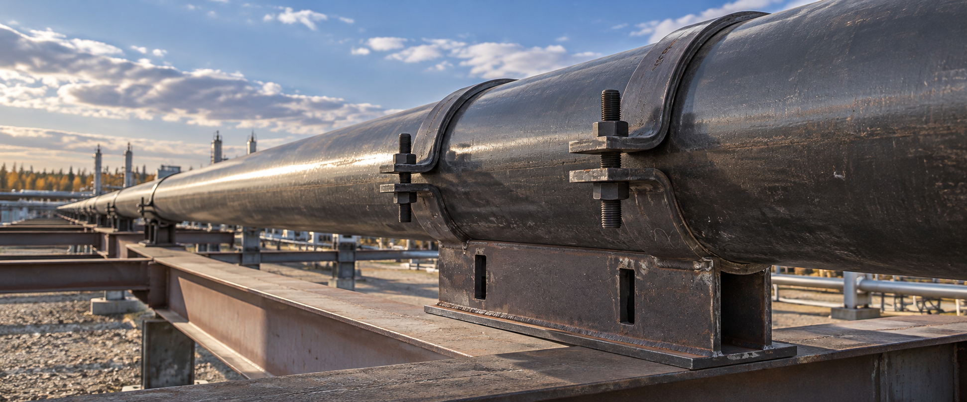 Illustration of a clamped pipe shoe supporting industrial piping on a steel rack in Alberta